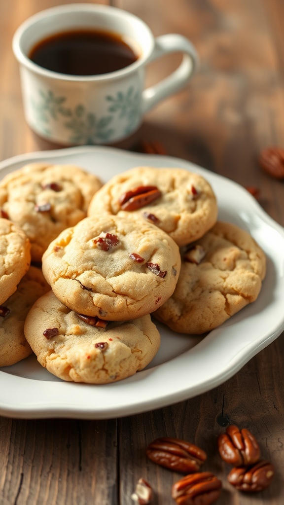 A plate of golden Butter Pecan Cookies with toasted pecans on a rustic table.